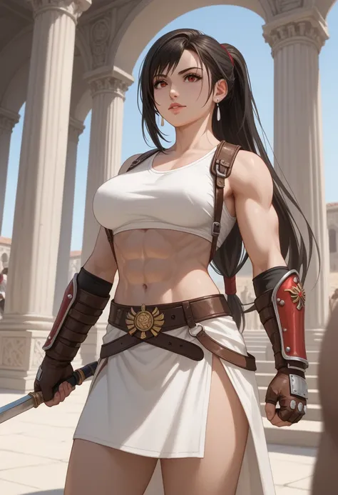 "Tifa Lockhart, a strong and athletic woman with long brown hair tied in a ponytail, wearing a Roman-style tunic with intricate leather armor pieces on her arms and legs. She stands confidently in a Roman arena, with both hands on her hips, radiating stren...