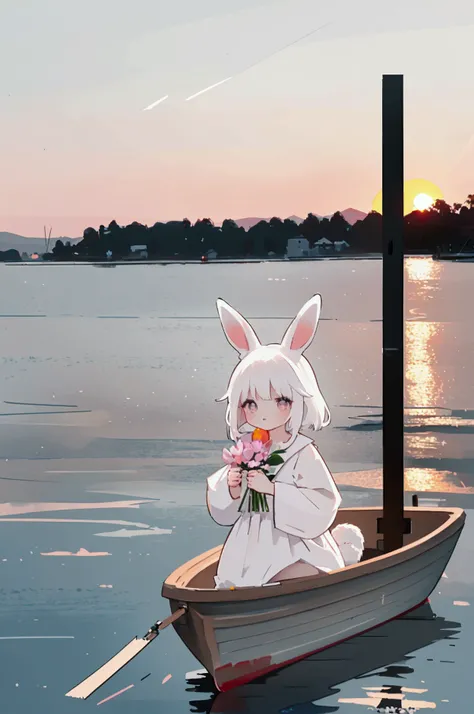 rabbit woman,, white hair, cute, innocent look,, white simple dress,, small boat, lake, sunset