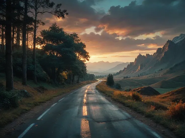 Night road landscape with a medium sign