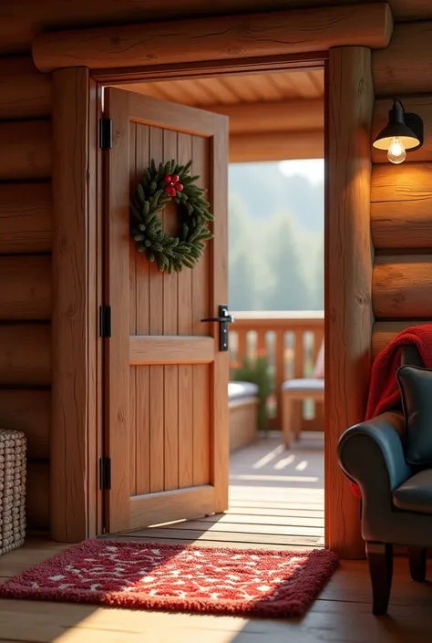 The bottom of a wooden door in the interior, Closed, style chalet,  with a Christmas doormat