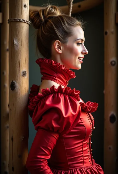 (realistic photograph close up sideways cheerful), (a pleased beautiful European orgasm looking lady with (messy hair bun)), (she is wearing (a historical elaborate shiny scarlet satin gown with (long gigantic puff sleeves), (and a narrow very high reachin...