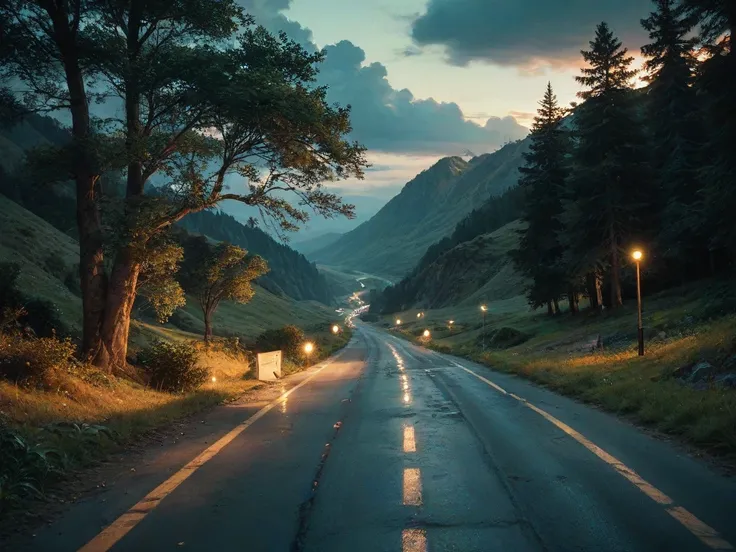 Night road landscape with a medium sign