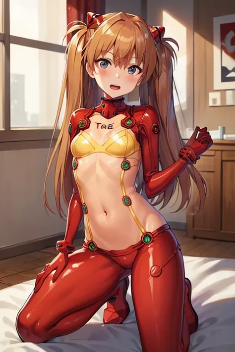 (( top quality)), ((masterpiece)), (be familiar with),  perfect face, indoor, bedroom,  watching viewers,
One woman,  Soryu Asuka Langley,
 open mouth,  ecstatic expression beside the piano, blush, smile,
 small tits,  flat chested, Young girl, Lori,  s,  ...