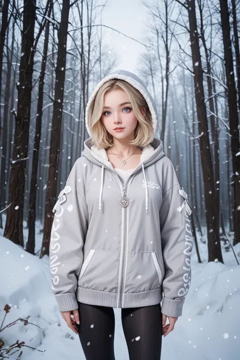 high production value modern fantasy-style candid picture of a young woman in her 30s with fair skin, very light make-up, soft face, medium blonde hair in a buzzed nape pixie haircut, blue-grey eyes, wearing a modern light blue hoodie, leggings, and small ...