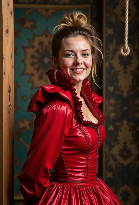 (realistic photograph close up sideways cheerful), (a pleased beautiful European orgasm looking lady with (messy hair bun)), (she is wearing (a historical elaborate shiny scarlet latex gown with (long gigantic puff sleeves), (and a narrow very high reachin...