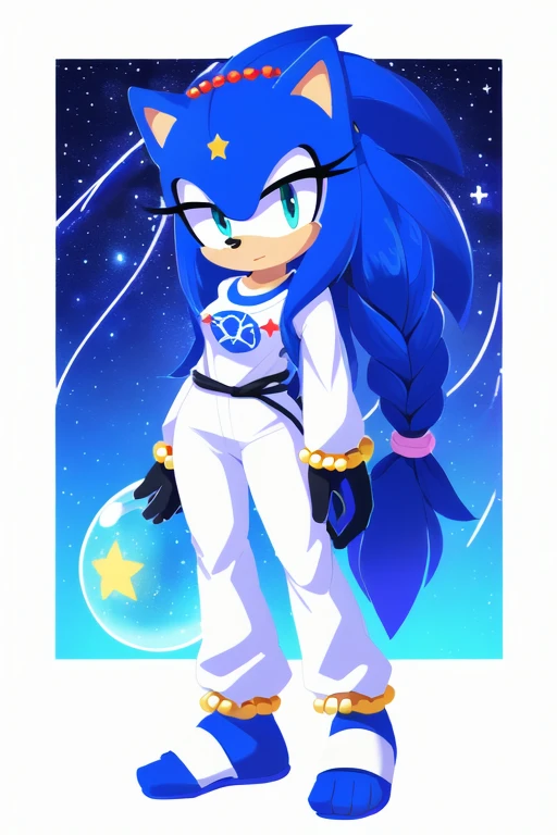 Sonic oc, Mobian, female, Cosmic hedgehog, A beautiful light blue hedgehog, purplish blue eyes, very long hair/quills, braided and beaded long hair bangs, long streaks of hair on each side of her face, (star constellation on hair), beads on hair,  ponytail...