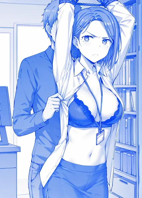 score_9,score_8_up,score_7_up,source_anime,uncensored,cowboy shot,uncensored,office lady,mole under eye,breasts,earrings,lanyard,id card,jewelry,hair ornament,hairclip,skirt,short hair,shirt,pencil skirt,Tawawa-style, monochrome,blue theme,Black tights,fil...