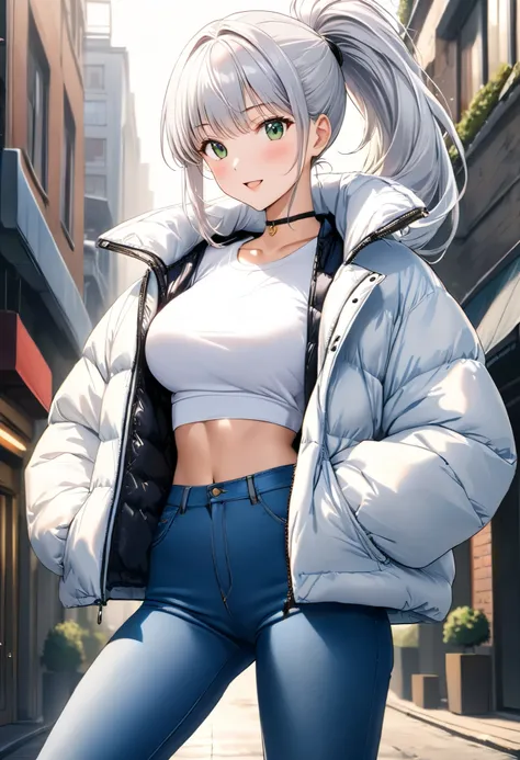 masterpiece, Best Quality, High resolution,16k,super detailed skin,detailed,animated painting, Takarada Rikka ,1990s (style),(G cup beautiful breasts)、25years old, (tall:1.2),height: 175cm,Sexy long legs,Fashion model body type,(downjacket,jeans,white T-sh...