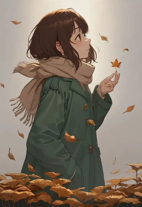 (Soft autumn-colored coat),(Alone),1 girl(Long brown hair, beautiful, autumn outfit, scarf,  shelter , , Pinch the leaves ( that shine gold through sunlight), full body, looking away ),(sideways:1.5), plano general, ( simple minimalism white background :1....