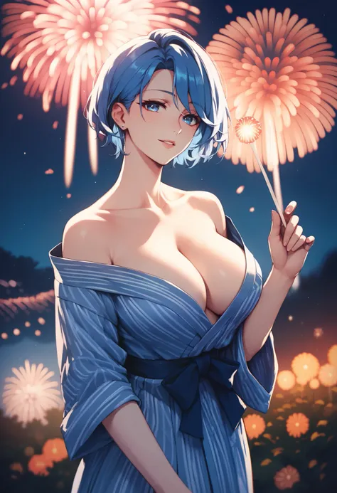 ((masterpiece, top quality, super definition, high definition)), solo, beautiful girl, shining eyes, perfect eyes, , blue theme, yukata, fireworks