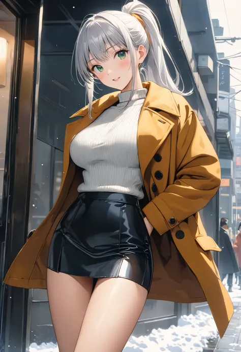 masterpiece, Best Quality, High resolution,16k,super detailed skin,detailed,animated painting, Takarada Rikka ,1990s (style),(G cup beautiful breasts)、25years old, (tall:1.2),height: 175cm,Sexy long legs,Fashion model body type,(coat,long sleave knit, mini...