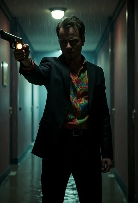 a man in a dark room, suited figure whit beretta gun, film noir style, Hawaiian shirt, flasjlight to the camera, dramatic lighting, high contrast, moody atmosphere, cinematic composition, chiaroscuro, gritty texture, strong shadows, dramatic pose, focused ...