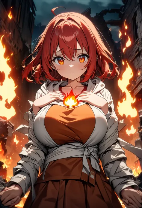 top quality, masterpiece,  high definition , 8k, Anime style girl with hoodie ,  One Girl , Detailed line drawing,  bright white and light amber style, Digital Enhancement,  close, Anime Core, Flowing flame, Big Breasts, red hair and eyes, Ruins at night, ...