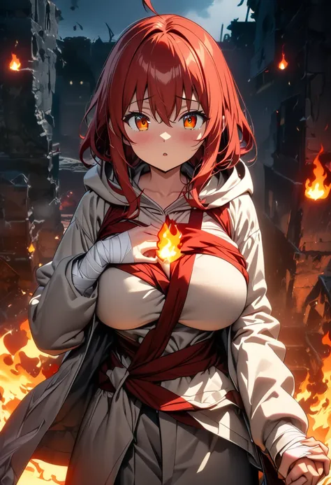 top quality, masterpiece,  high definition , 8k, Anime style girl with hoodie ,  One Girl , Detailed line drawing,  bright white and light amber style, Digital Enhancement,  close, Anime Core, Flowing flame, Big Breasts, red hair and eyes, Ruins at night, ...