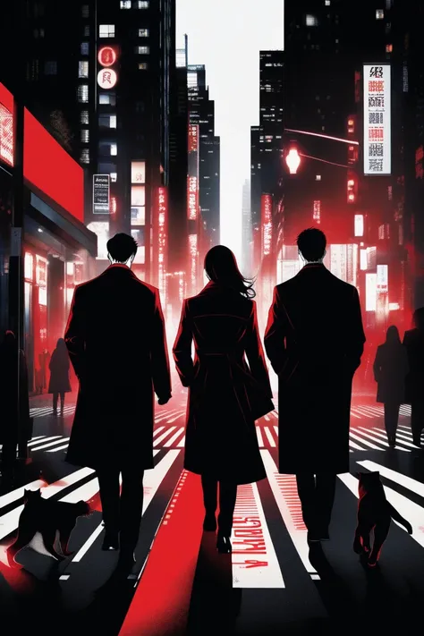 
 The image shows three people walking side by side on a crosswalk during the night.  The two people at the ends are two men, wearing long black coats .  The person in the center is a woman , dressed in a red dress with high heels .  They have their backs ...