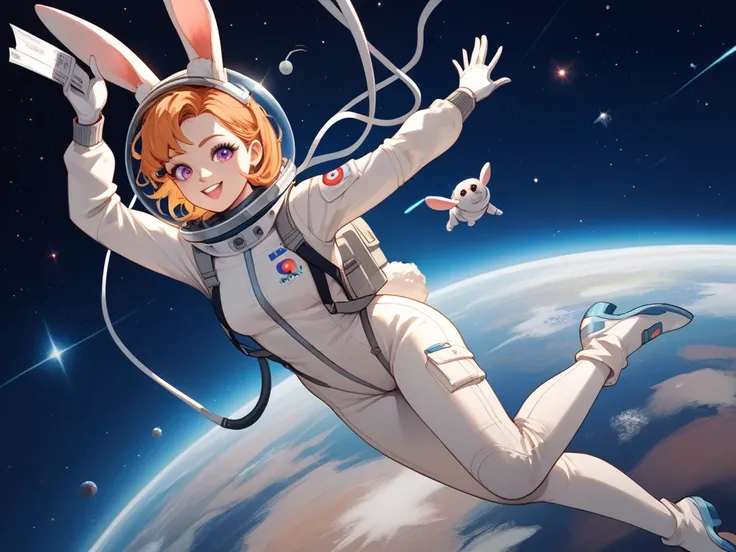 sensual humanized rabbit , with astronaut suit,  floating in space while listening to music