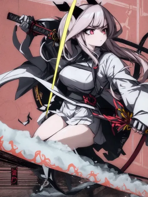 anime, modern girl, Digital art, Delicate and unstable line drawing, wielding an oversized giant katana, Modern clothing, coloful, Spectacular backdrop,