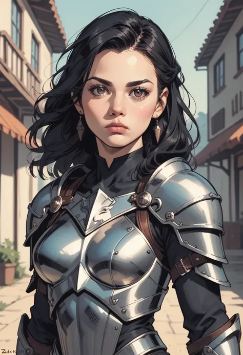 1girl, black hair, armor, solo, jewelry, earrings, blurry background, blurry, looking at viewer, shoulder armor, outdoors, standing, cowboy shot, breastplate, bodysuit, , arms at sides, pauldrons, breasts, brown eyes, , medium breasts, zPDXL3, detailxl,  S...