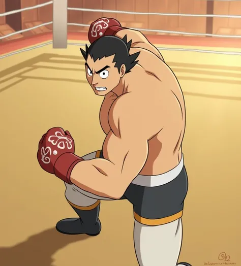 Bolin  (The "la leyenda The korra ")  wearing black shorts  , guantes The boxeo rojos , botas The boxeo negras , peleando en un ring The boxeo , estilo The animación Thel programa original The la leyenda The korra 