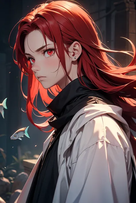 (masterpiece), best quality, expressive eyes, perfect face,Teenager, 1boy, white skin, red long hair, red eyes, looking to te side, black clothes, sirius gaze, dead fish eyes, a little sad, expressive eyes, perfect face, 20 years old, athletic body, slende...