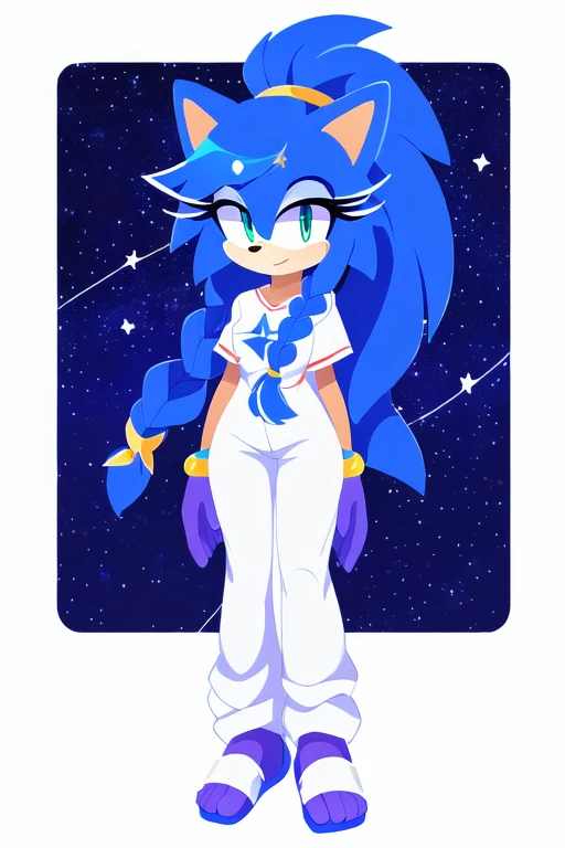 Sonic oc, Mobian, female, Cosmic hedgehog, A beautiful light blue hedgehog, purplish blue eyes, very long hair/quills, braided and beaded long hair bangs, long streaks of hair on each side of her face, (star constellation on hair), beads on hair,  ponytail...