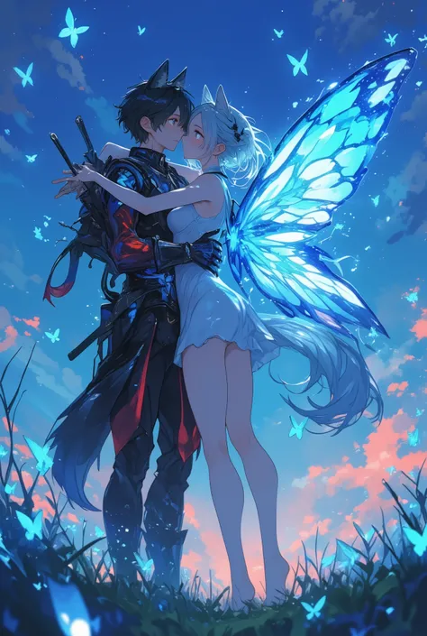 (endless grass field with scarce glowing small flowers), (2 characters), (couple), dynamic pose, romantic, love, enjoying each others company, ((hug, tender embrace)),
1woman:((a young butterfly-girl on right side), (blue transparent butterfly wings on her...