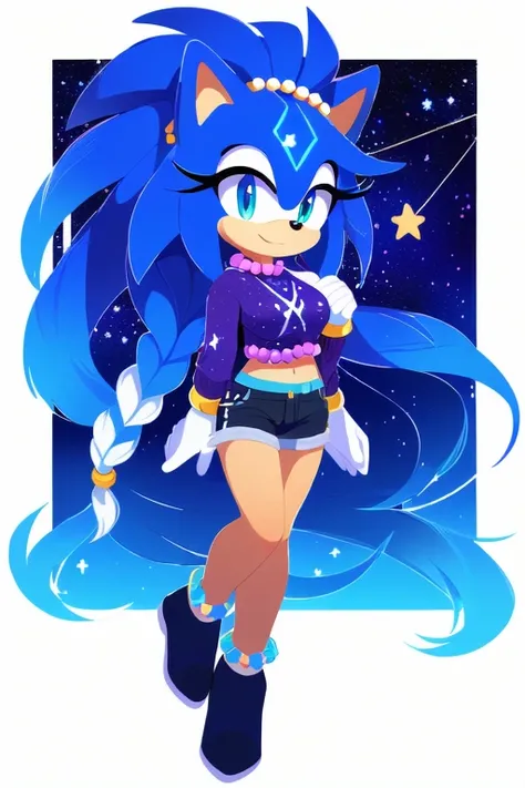 Sonic oc, Mobian, female, Cosmic hedgehog, A beautiful light blue hedgehog, purplish blue eyes, very long hair/quills, braided and beaded long hair bangs, long streaks of hair on each side of her face, (star constellation on hair), beads on hair,  ponytail...