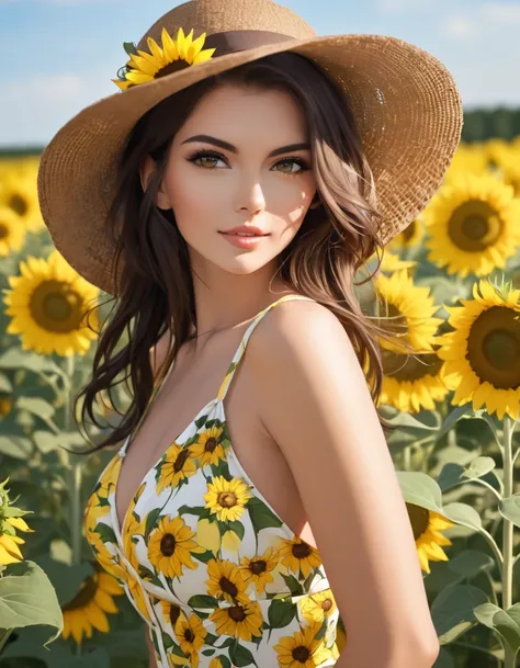 a beautiful woman, brunette, sexy posing in a sunflower field