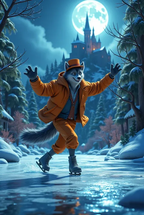 ((fashionable werewolf ,skating ,)) in stylish clothes , bright stylish clothes  ,cylinder hat ,изискано танцует skating  на льду замерзшего озера на фоне леса и зловещего замка на холме при свете полнолуния,  funny bright style , realistic, high quality,о...