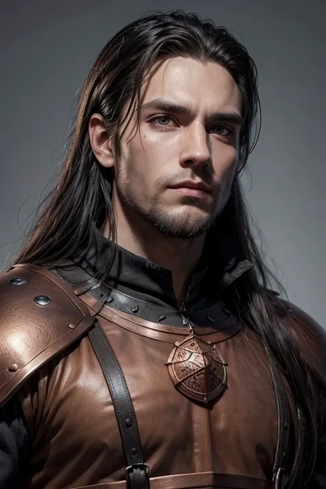 create a man concept art for d&d medieval fantasy rpg game. copper skin, black long hair, square chin, serious look, simple clothing, male chin, in his 30 years old. No beard. with an ametist in his forehead
