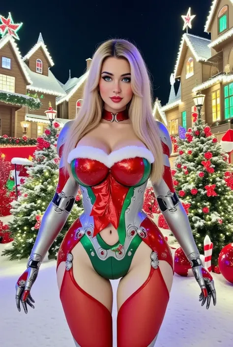 In a futuristic snowy village, sexy pose, dynamic camera angle from below, wide perspective, she has a stylized body with  exaggerated wide hips and narrow waist a female robot named Aurora with twinkling lights. Her sleek, silver frame is painted with fes...