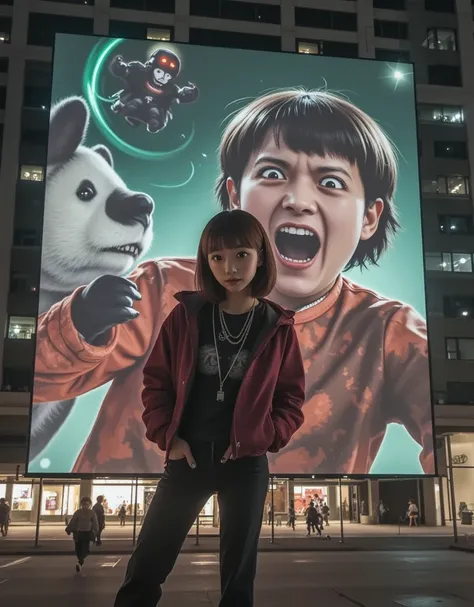 She is standing in front of the Muay Thai fighter vs. terrifying man-eating panda projected on a blue laser projector using the entire large glass-fronted building as a screen, ultra-realistic, photorealistic, dramatic scene, shadow, global-illumination, (...