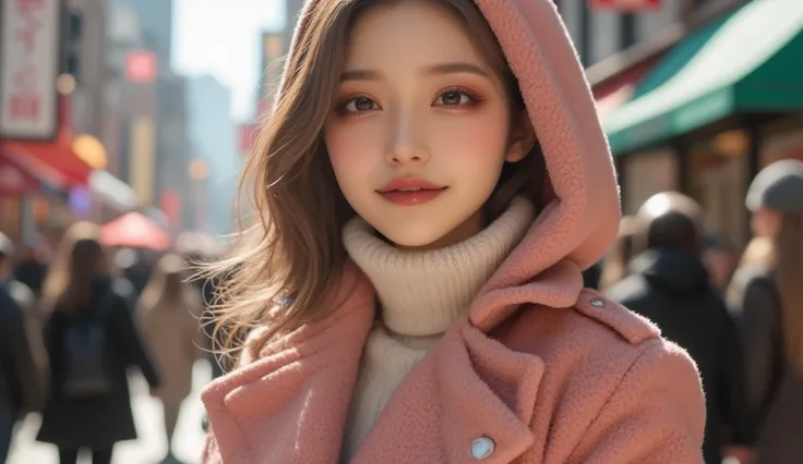 (masterpiece,  best image quality , 8k), Real photo,Idol appearance, adult,  perfection of fashion,  Korean Makeup, Lip Tint,  full body,frontal,Outdoor, faint smile, Busy City Streets, Exquisitely Painted , Realistic,  ultra high definition , 3D image,  u...