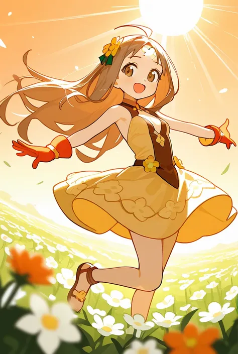 1 girl, Fusionist  ( Phantom Brave ),   brown hair, light  brown hair,  light brown eyes, Googles in forehead,  twin fringes , Orange Christmas gloves,  long hair,  small breasts , happy smile,  dancing in a field of flowers, sun, sun rays,  open arms,  li...