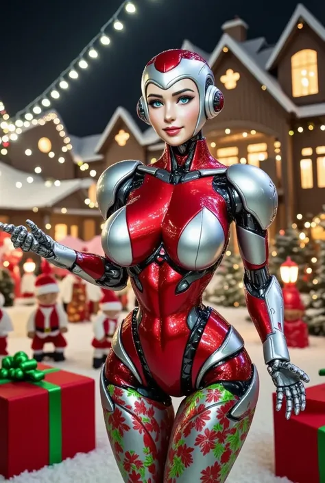 In a futuristic snowy village, sexy pose, dynamic camera angle from below, wide perspective, she has a stylized body with  exaggerated wide hips and narrow waist a female robot named Aurora with twinkling lights. Her sleek, silver frame is painted with fes...