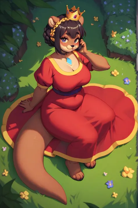 1 hairy mature otter girl , Short stature , curvy , hige , realistic hairy fur , Round face, deep black round eyes , (crown braid hair) , (relax see-through summer dress:0.9) , in the grass garden