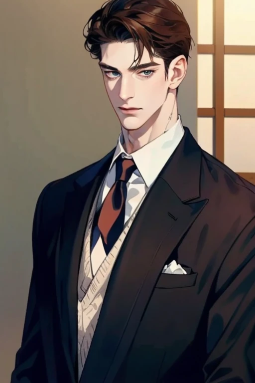 real, (highest quality、masterpiece:1.3), fine eyes and detailed face, suit, Solo Mature Men, tall muscular man, brown hair, gentleman, ((best quality)), perfect face, Japanese