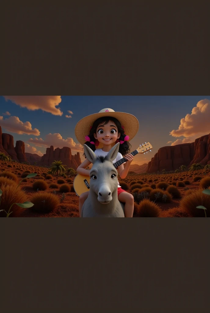 inspired by Disney Pixar movies and characters, in high quality and high resolution 3D create the image of a girl playing the guitar sitting on a friendly donkey.