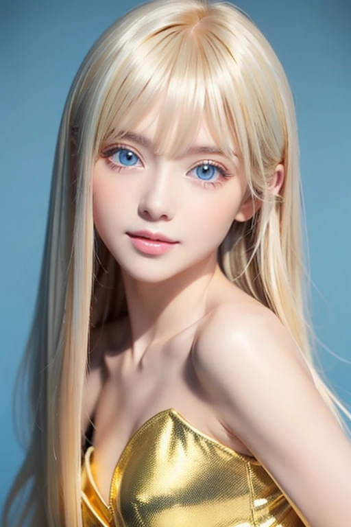 Golden shiny hair、 dazzling blonde super long silky hair、 old cute little beautiful face 、Shiny hair dancing in front of a pretty face、Long, silky bangs that cover the eyes、Extremely bright pale blue eyes 、Hair that hides the face、 sexy cute young woman wi...