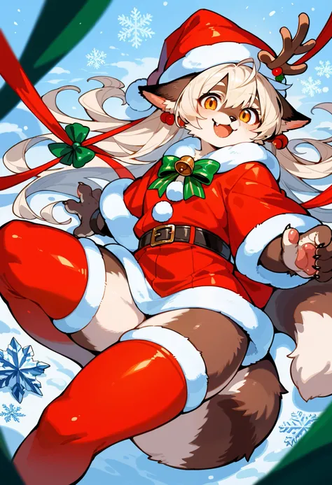 score_9, score_8_up, score_7_up, score_6_up, score_5_up, score_4_up, source_furry, hires, masterpiece, absurdres, perfect anatomy(epic, dynamic angle)While creating a christmas atmosphere, Santa with furry elements(kemono, super cute 1girl, solo focus)(fur...