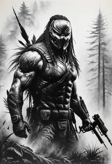 charcoal drawing, crayons, black  pencil drawing,  pencil drawing, black and white drawing,  graffiti drawing , poster, close-up, predator (2018 film ), "predators Gaze:  shrouded in mist ",  moving feature film  ,  view from bottom to top,  the frightenin...