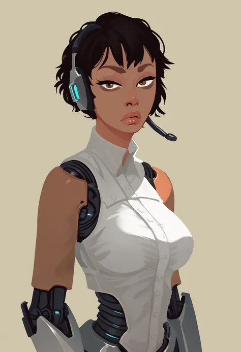 1girl, solo, black hair, short hair, breasts, looking at viewer, mechanical arms, cyborg, medium breasts, , makeup, brown eyes, science fiction, headset, nose, upper body, joints, simple background, zPDXL3,  PnyCmicXLPOS, detailxl,  
(lineless, vector art:...