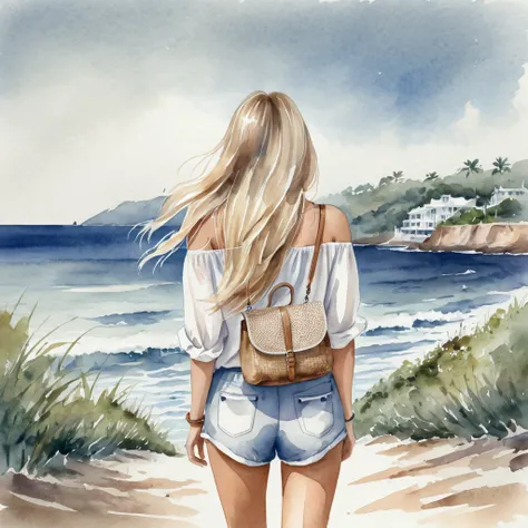  a watercolor painting of a woman with long blond hair and a bag seen from behind, the woman is wearing shorts and white top beautiful drawing style ,  detailed fashion illustration , Long hair girl ,The girl is looking out to sea 