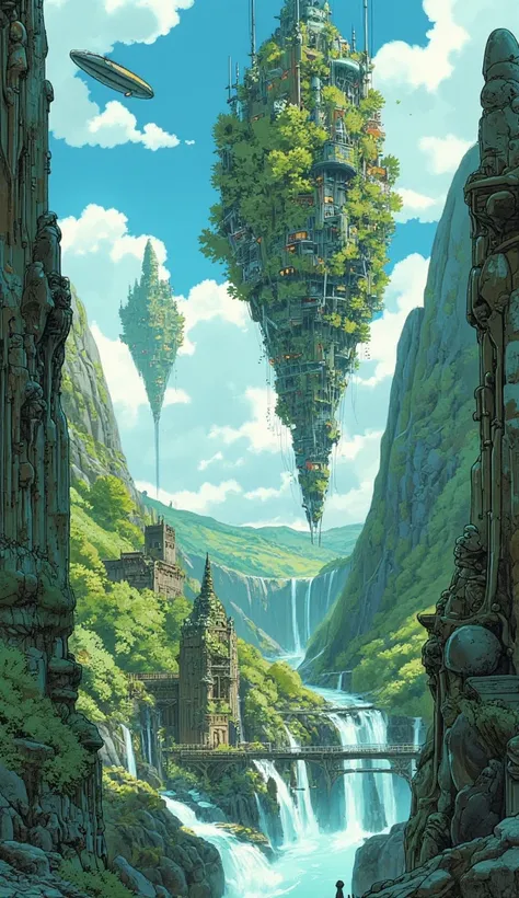 Heavenly buildings floating in the sky　ruins　green　cloud　Castle of the Machine 　waterfall　Ruins　moss　ivy　Stone statue　airship