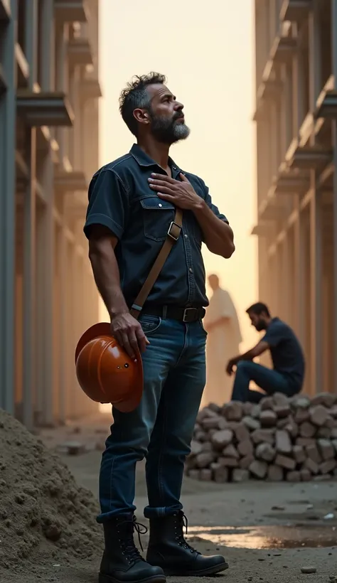  White man with black beard and some white hair on his beard and hair ,  the appearance of being 45 years old , It is 2 meters tall , } wears dark blue jumpsuits jeans and black boots with heart military style .  He is in a building under construction ,  t...