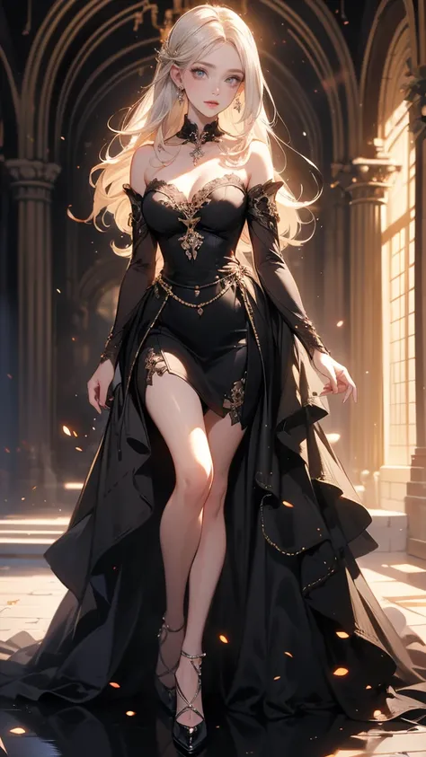 (Best quality 4K, high resolution, masterpiece:1.2), (character concept art), a mature woman, alluring woman, full-body showcase, long legs, large breasts, long silver hair, captivating violet eyes, noblewoman, ballroom, ballgown, squishing cleavages, high...