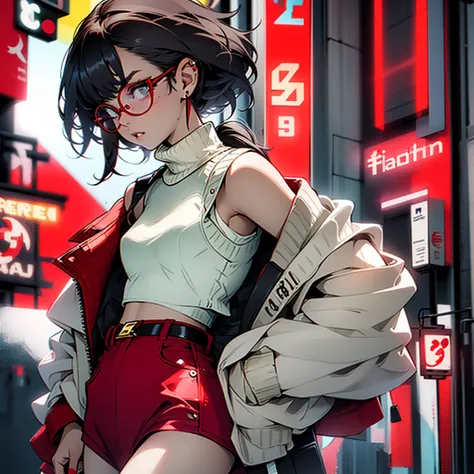 1girl, turtleneck tanktop crop arm, glasses, metropolitan city, red and white, clock magic, powerfull, flash