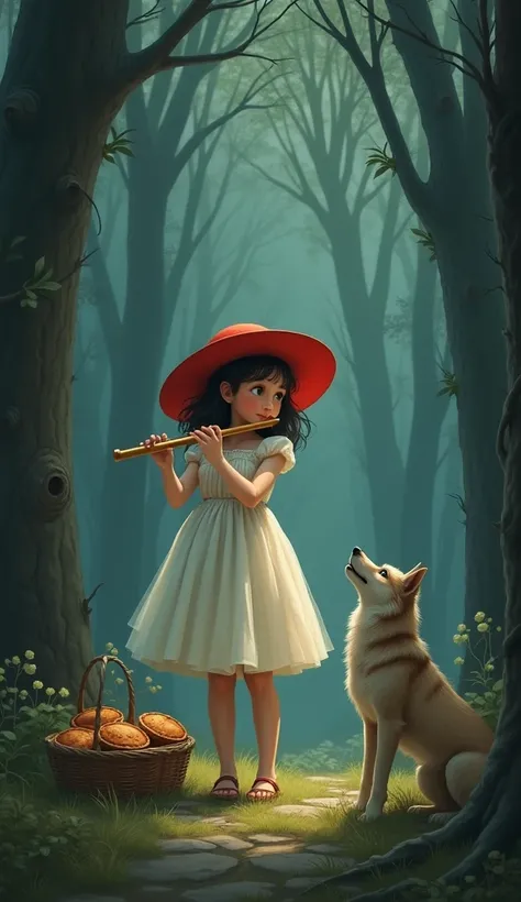 a girl plays the flute, a white short sundress, a red hat, a wolf stands on its hind legs in front of her, a basket of pies stands next to her, the background is a gloomy forest