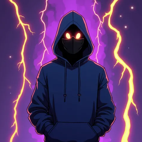  Cartoon-style male character with a hood on his head,  with a mask without showing his mouth , with ghost eyes ,  with his hands in his pocket ,  with a purple background with yellow lightning  