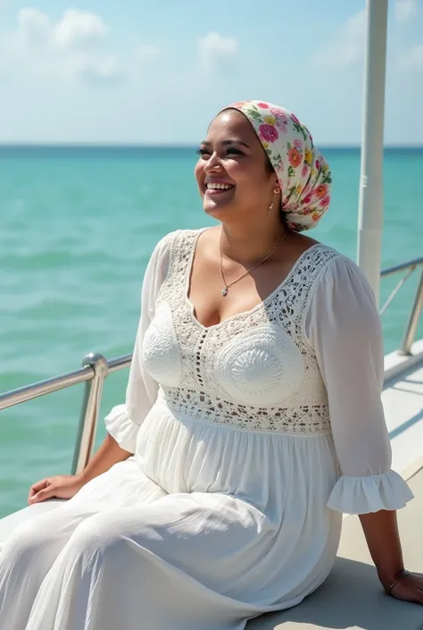 "Create an image of a chubby modestly dressed malay busty woman on a boat with a seaside background. The woman is wearing a pastel floral-patterned hijab and a white body fit bohemian-style crochet dress. Highlight her body curve laughing, giving off a rel...